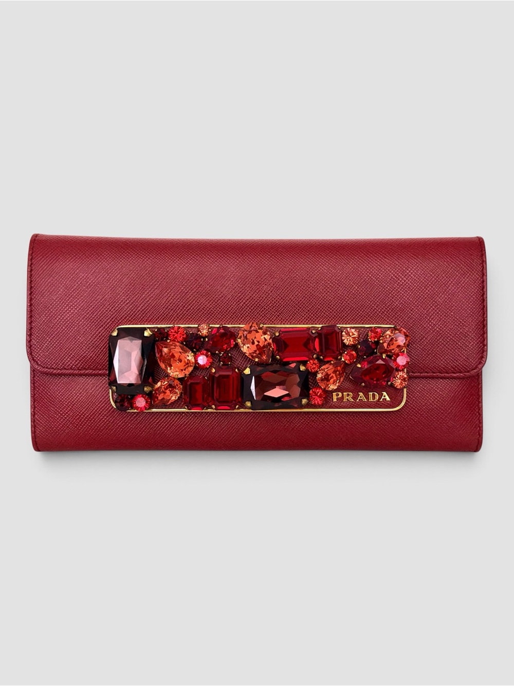 Prada Dark Red Leather Crystal Embellished Flap Continental Wallet